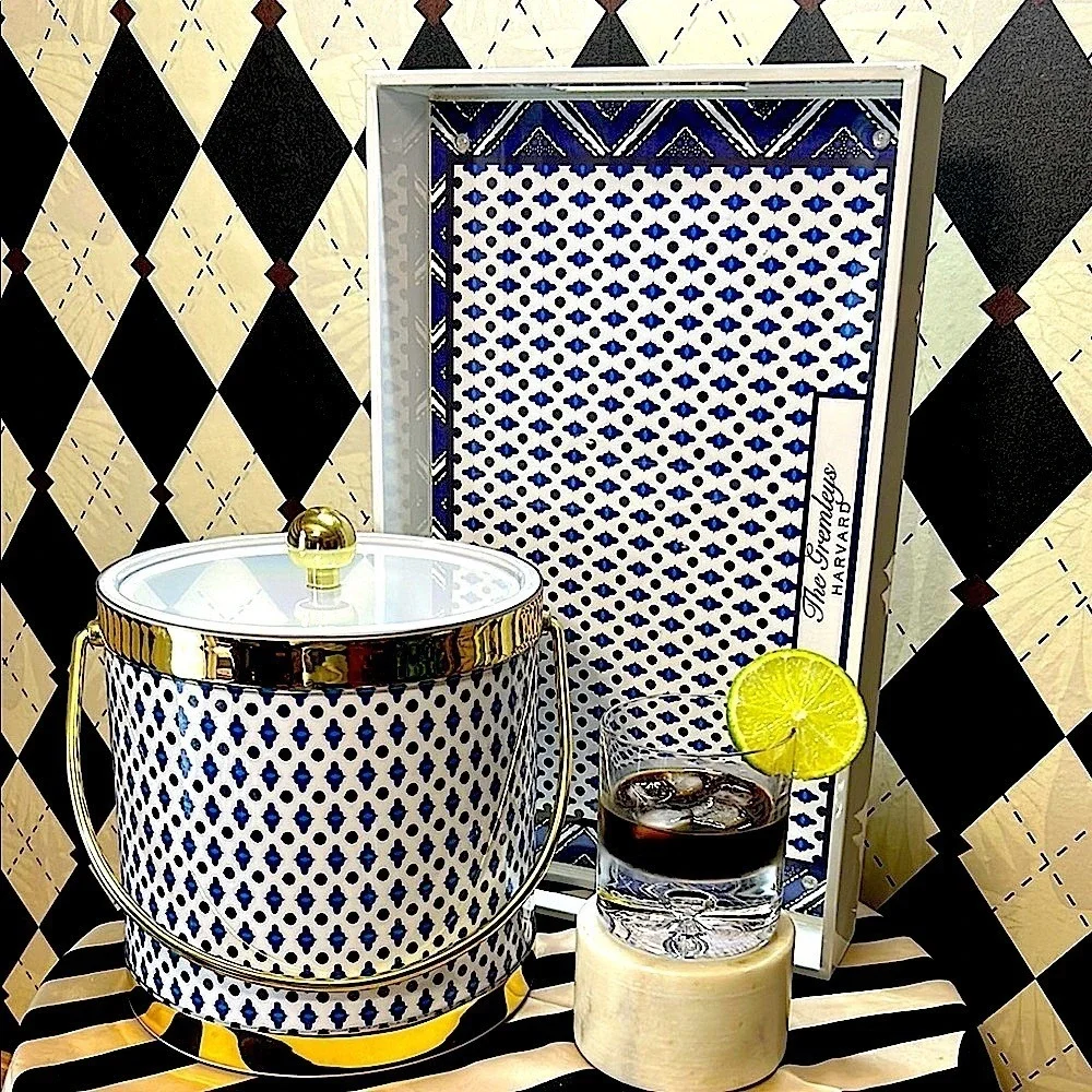 Blue & White Ice Bucket, Lid & Tray Set with Gold‎ Trim | Bar Cart Glam